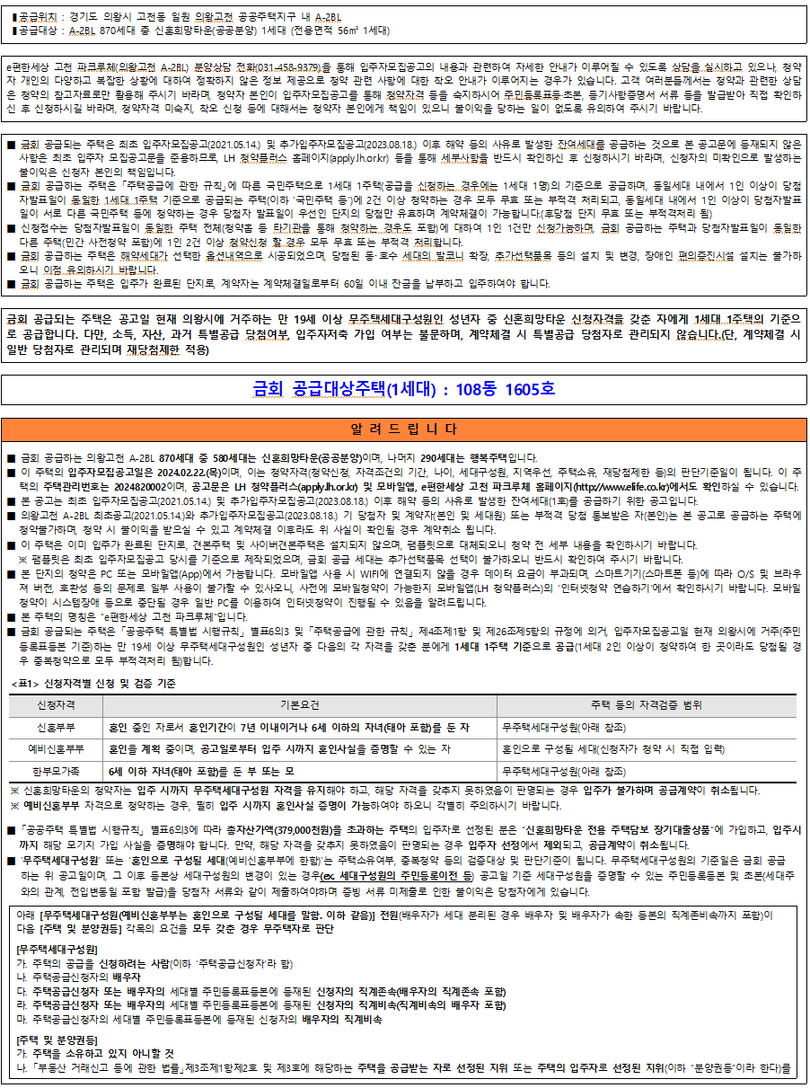 LH - 의왕고천 A-2BL 신혼희망타운(공공분양) 잔여세대 추가입주자모집공고 2